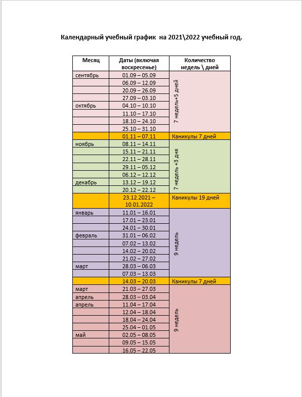 Учебный календарный план на 2021-2022 учебный год.